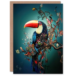Artery8 Greeting Card Toucan Bird Flowering Tree Branch Surreal Fantasy Blank For Him Or Her Art Birthday Card