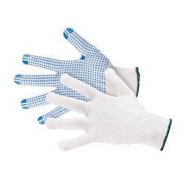 12 Pairs of JAH 5070 Seamless White Nylon fine Knit Working Gloves with Blue dots, Secure Grip, Breathable, Good Comfort, high Abrasion Resistance. 100% Polyamide, Medium-Weight Quality Size 10