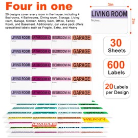 600 Count 3 x 2 Large Home Moving Packing Box Labels,20 Designs Color-Coded with Writable Note Areas, Fragile Stickers, Heavy & Blank Labels Included