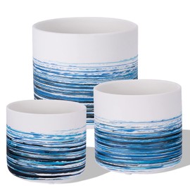 KingZiYu White Ceramic Plant Pots 5.1+4.3+3.7 inch Hand-Painted Small Flower Pot Set of 3 Planters with Drainage Hole and Plug Used for Indoor Plants and Other Outdoor Garden-Blue