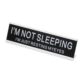 PATIKIL Funny Nameplate, 8"x2" Novelty Desk Sign Plaque Aluminum Desk Name Plate with Base for Office, Silver White (I'M Not SleepingI'M Just Resting Myeyes)
