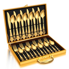 Stapava 30 Pcs Gold Silverware Set for 6, Stainless Steel Gorgeous Retro Royal Gold Utensils Cutlery Set for Home Restaurant, Mirror Flatware Set Include Forks Spoons and Knives Set, Dishwasher Safe