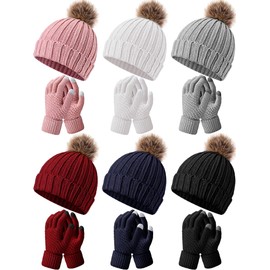 12 Pcs Knitted Beanie Hat Glove Set 6 Pcs Knit Skull Cap with Faux Fur Pom 6 Pairs Touchscreen Gloves, 6 Colors