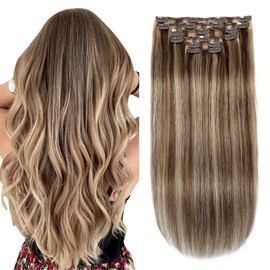 XDhair Haarverlängerung, Echthaar, zum Anstecken, mittelbraun, Highlight, Honigblond, 40 cm, 100 g, 6 Stück, Echthaar, Haarverlängerung zum Anstecken, Naturhaar (#4P27-40)