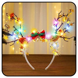 Zoestar Christmas Light Up Headband Gold LED Reindeer Antlers Headbands Glowing Stars Xmas Hair Hoop Bow Bell Christmas Costume Hair Accessories for Women