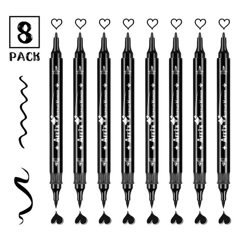 Arrtx Black Acrylic Paint Pens - 8 Pack Brush Tip