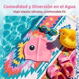 Healeved Gorro De NatacióN De Silicona para NiñOs Y Niñas DiseñO Dinosaurios Gorra Natacion NiñO Impermeable Flexible para Cabello Y Orejas 1 Pieza