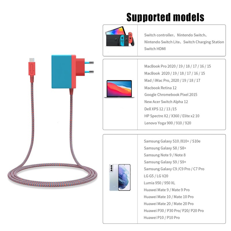 Power Supply for NS Switch/Steam Deck, Charger Switch 45W 15V/3A