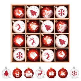 Amteker Christmas Baubles Plastic Set, 16 Pieces, 6 cm, Christmas Tree Baubles Decoration, Christmas Tree Decoration with Hanger, Shatterproof, Christmas Tree Decoration, Christmas Baubles, White, Red