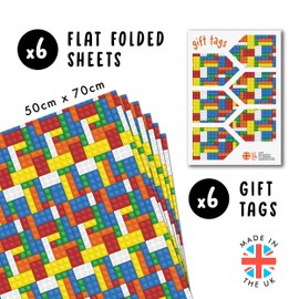 Colourful Wrapping Paper - 6 Sheets of Gift Wrap - Birthday Wrapping Paper for Kids - Building Blocks for Boys and Girls - Birthday Party - Recyclable - Comes With Fun Stickers - By Central 23