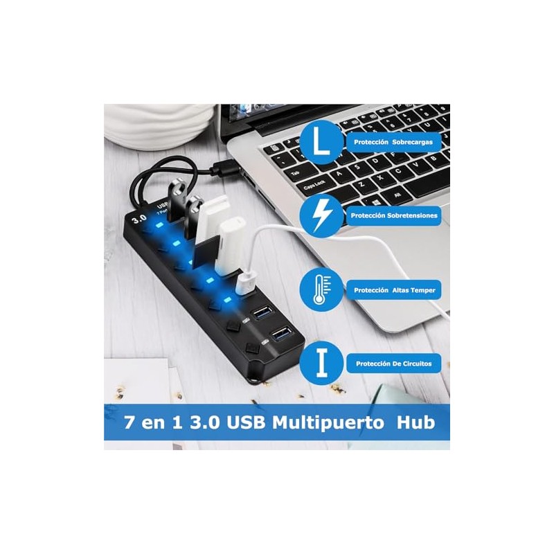 Hub USB 3.0 Splitter,7 Puertos Multi USB 3.0 Hub Splitter