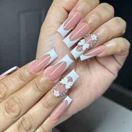 FIEONCIY Press on Nails Coffin Long Glossy Full Cover Acrylic Square French False Nails with Floral Bow Designs Artificial Ballerina Fake Nails with Charm Glue Stick on Fingernails for Women Girls