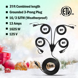 Eversimpleinc Black 1 to 4 Splitter Extension Cord (Combined 31 FT, End to End 13 FT), 3 Prong Plug with 4 Extended Outlets, with Weatherproof Covers for Indoor and Outdoor