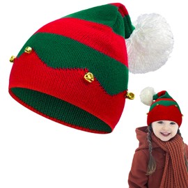QLINLEAF 2 PCS Christmas Elf Knitted Hat for Kids Winter Beanie Xmas Red & Green Stripes with White Pom Hat and Wreath Headdress Xmas New Year Party Hat Set