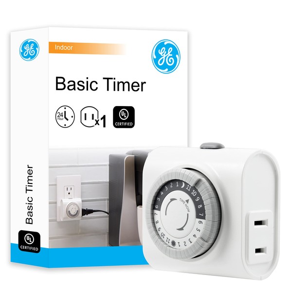 GE 24-Hour Indoor Basic Outlet Timer, 1 Polarized Timer Outlet, Plug In Timer, Daily On/Off Cycle, 30 Minute Interval, for Lamps, Seasonal Appliances, & Portable Fans, Light Timer, 15119