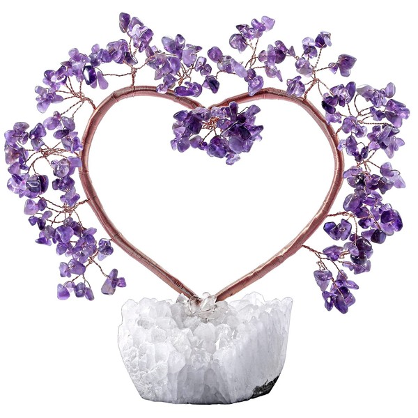 mookaitedecor Amethyst Crystal Tree with Quartz Cluster Crystal Base Love Heart Money Tree Figurines Feng Shui Home Office Decoration Wedding Ornament