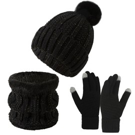 Runmeihe Hat Scarf Gloves Set for Women Ladies, 3 in 1 Winter Warm Knitted Set, Cold Weather Set with Knit Beanie Cap Touch Screen Gloves Circle Neck Scarf (UK, Alpha, One Size, Black)
