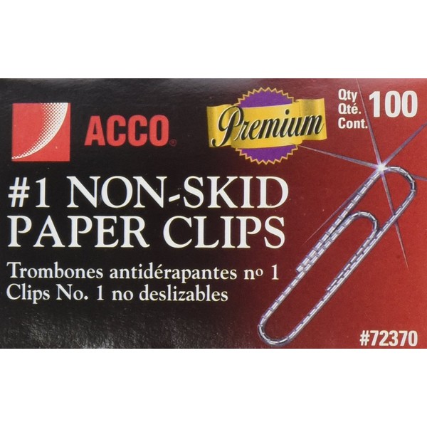 ACCO Non Skid Premium Paper Clips, Wire, No. 1, Silver, 100 per Box, 10 Boxes per Pack (72370)