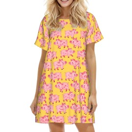 YSBKN Cute Cartoon Pink Pigs Yellow Nightgowns For Women Soft Cotton Sleepshirt Short Sleeve Lounge Dress Casual Ladies Sleepwear Medium