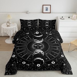Manfei Sun and Moon Comforter Set Queen Size, Stars Space Psychedelic Bedding Set 3pcs for Kids Boys Teens Bedroom Decor, Black and White Quilt Set Boho Sun Moon Duvet Insert with 2 Pillowcases