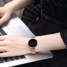 HANNAH MARTIN Reloj Análogo para Mujer, Reloj De Pulsera De Malla de Acero Inoxidable, Sin Segundero, Carcasa de Resina, Con Broche Ajustable (Dorado)