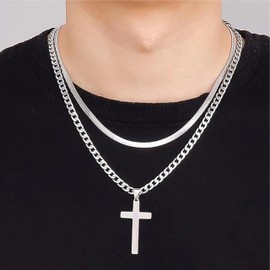 Father's Day Gifts Cross Necklace for Men Dad Gifts for Birthday Layered Cuban Link Herringbone Chain Cross Pendant Necklace Jewelry Gifts