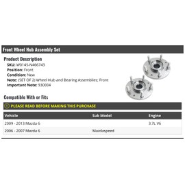 Marketplace Auto Parts - Front Wheel Hub and Bearing Assembly - Set of 2 - Compatible with 2006-2007, 2009-2013 Mazda 6