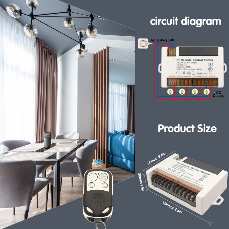 DieseRC 4 Channels Wireless Relay Remote Control Switch 433Mhz RF