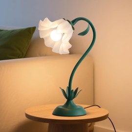 Flower Table Lamp, Cute LED Reading Bedside Night Light, 3 Color Modes Vintage Desk Lamp, Kawaii Aesthetic Decor for Home Bedroom Living Room (Dark Green)