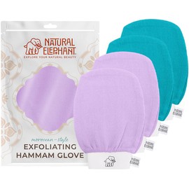 Natural Elephant Exfoliating Kessa Glove - Face and Body Exfoliator Hammam Mitt (2 Lilac and 2 Teal (Pack of 4))
