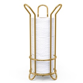 BROOKSTONE Toilet Paper Holder Stand, Modern and Minimal Free Standing Toilet Paper Stand with Storage, Bathroom Tissue Organizer that Holds Mega Rolls - Gold
