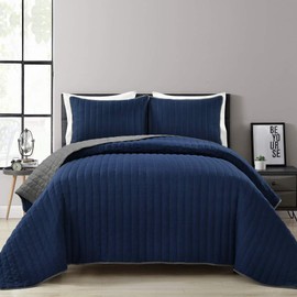 Lush Decor Soft Stripe All Season 2 Piece Quilt/Coverlet Set, Full Queen, Gray & Navy