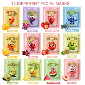 12 Pack Fruit Face Masks for Kids, Sheet Masks SkinCare for All Skin Types, with Natural Ingredients, Moisturizing Spa Party Bulk Facial Mask Set, Birthday Christmas Gifts for Women Men Girls