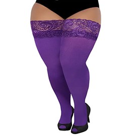LOUSGUTA Plus Size Thigh High Stockings Silicone Lace Top Stay Up 55 Den Nylon Women's Sheer Thigh Highs Over the Knee (Violet)