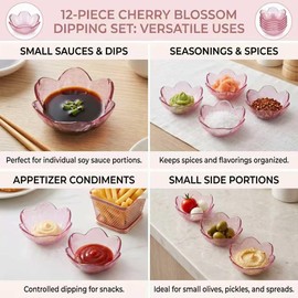 ZAJINJABD Sakura Sauce Dishes Set, 3.34x1.37 inch Plastic Cherry Blossom Dipping Bowls, 12 Pcs Small Condiment Dishes for Soy Sauce, Sushi, Snacks, and Party Appetizers (Purplish Pink)