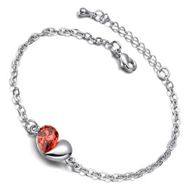 GWG Jewellery Links Bracelet 925 Sterling Silver Coated Heart on Chain Graced with Teadrop Topaz Orange Red Crystal in Gift Box for Women