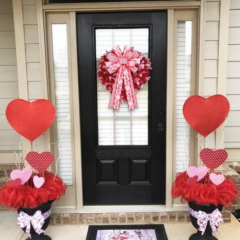 Valentine Tree Topper Bow with Pink Love Heart Valentines Burlap
