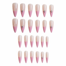 MERVF Long Press on Nails Stiletto Fake Nails Pink French Tip Glue on Nails Star Press ons with Design Almond Acrylic False Nails for Women Glossy 24pcs