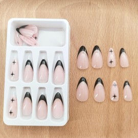 Black French Tip Press on Nails Almond Fake Nails Medium Acrylic Nails Press ons Cute Light Pink Full Cover Golden Glitter with Star Glue on Nails for Women Girls 24 Pcs