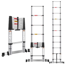 DEZEX 10.5 FT Stainless Steel Telescoping Ladders - One-Button Retraction Collapsible Extension Ladder for Home,RV,Attic,Lasts 375 LBS with Balance Bar and Wheels