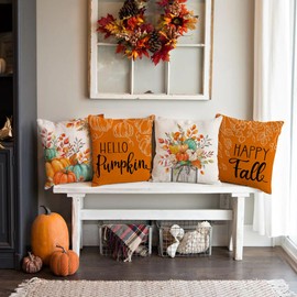 RABUSOFA Fall Pillow Covers 20x20 Inch Set of 4 Orange Aqua Pumpkin Maple Leaf Thanksgiving Autumn Decor Harvest Decorative Throw Cushion Cases Seasonal Farmhouse Outdoor Decorations for Home Couch