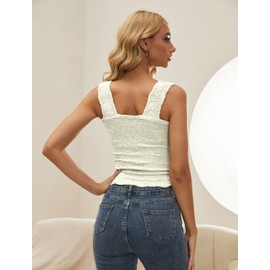 AIHUKOCY Women Square Neck Wide Strap Floral Crop Tank Top Sleeveless Lettuce Trim Solid Slim Cropped Cami Vest Tops Apricot