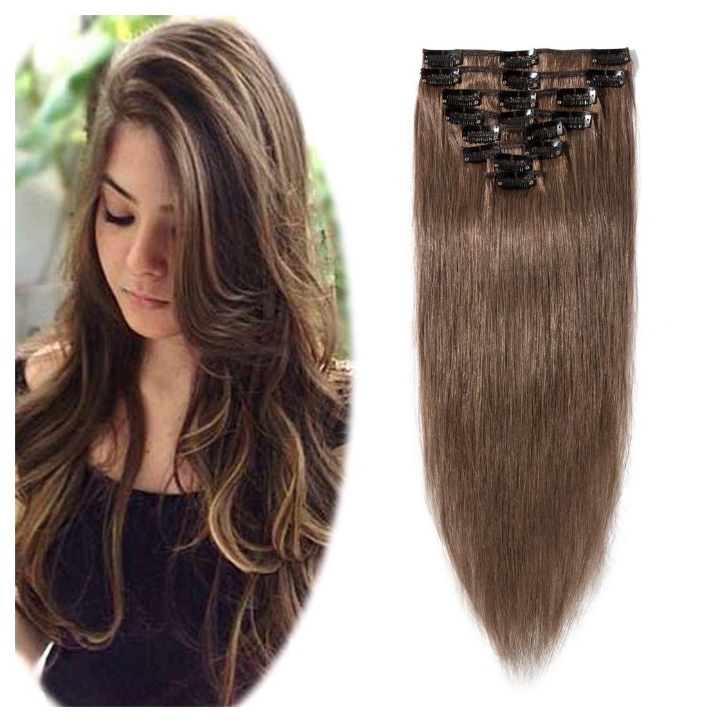 Hairro Clip in Hair Extensions 100% Human Hair Thin Light Brown 22 Inch Long Straight Human Hair Clip on Hairpieces 75g Machine Weft 8pcs 18 Clips for Women #6