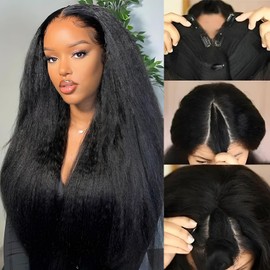 Prtyopp Kinky Straight V Part Wig Human Hair 24 inch Upgrade U Part Wig Yaki Straight Clip in Half Wigs for Black Women 180% Density Natural Color