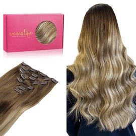 Wennalife Clip-In Human Hair Extensions, 35 cm (14 inches), 120 g, 7 Pieces, Ombré Walnut Brown to Ash Brown and Bleached Blonde, Remy Clip-In Hair Extensions, Natural Real Hair Extensions