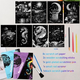 Sheets Scratch Art Adult Noctilucent Rainbow Scratch Paper Notebook Paint by Scratch Kit for Arts and Crafts Gift with Scratch Art Tools （Castles & Animals）