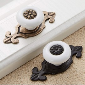 HUAMULAN 10 Pack Retro Ceramic Knobs,Vintage Dresser Kitchen Petal Cabinet Pulls Zinc Alloy Base Back Plate Cupboard Wardrobe Drawer Door Handles,Black Base