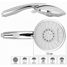 BadeStern Shower Head with Water Stop: XL Shower Head with Water Stop Button and 5 Jet Types, Stainless Steel Hose (with Stop Function, Shower, Shower)