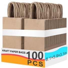 100pcs paper bags with handles，8.1x5.9x3.1 Inch，medium gift bags， for Festival,Birthday, Favor,Party,Shopping,Retail Merchandise