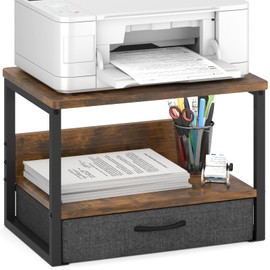 MARTY Printer Stand with Storage Drawer for Desk, 2-Tier Desktop Printer Stand Shelf Organzier for Home Office Printer Riser Under Desk Small Printer Table (Rustic Brown)